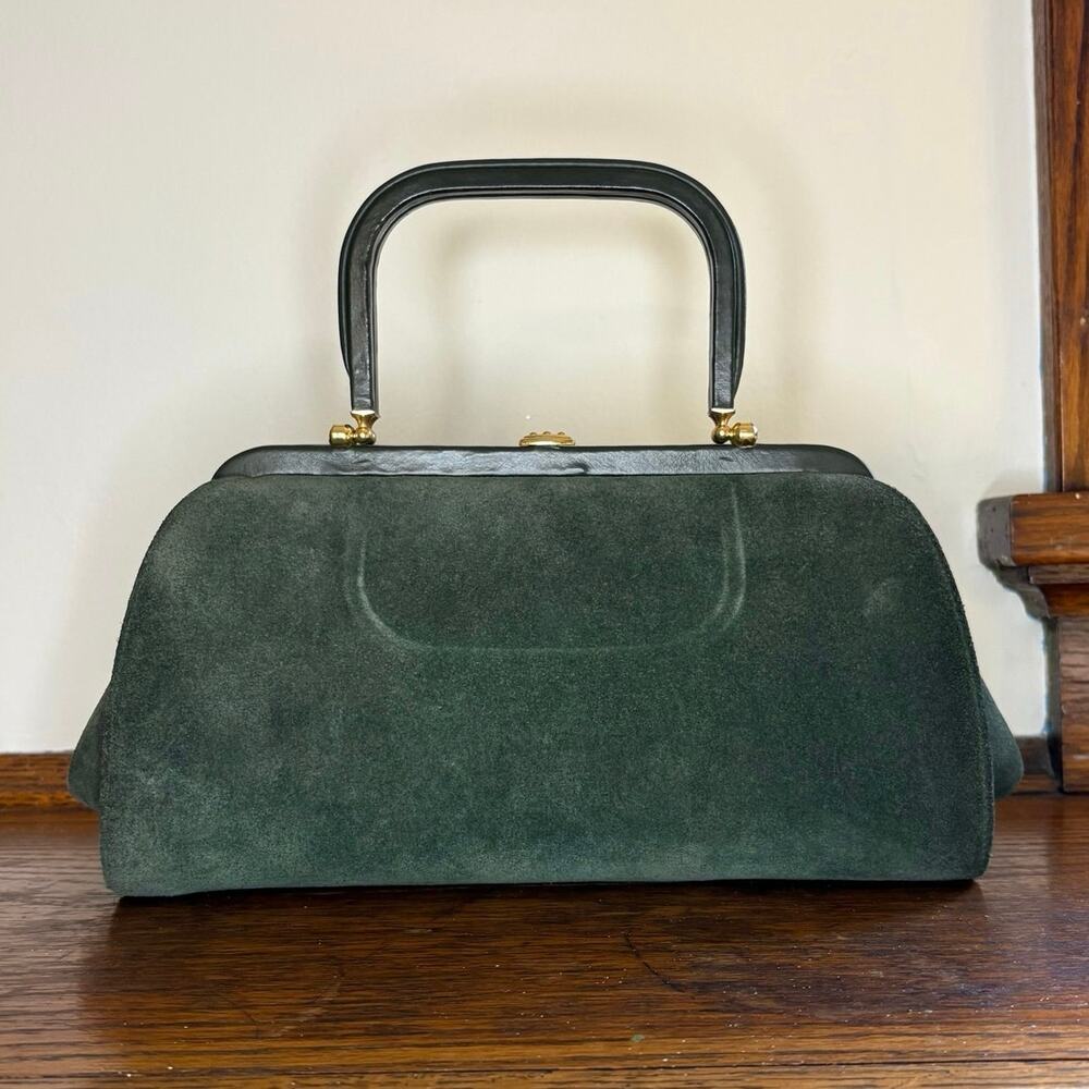 Vintage Suede Doctors Bag Top Handle Satchel Olive Green Gold Hardware - Picture 3 of 12